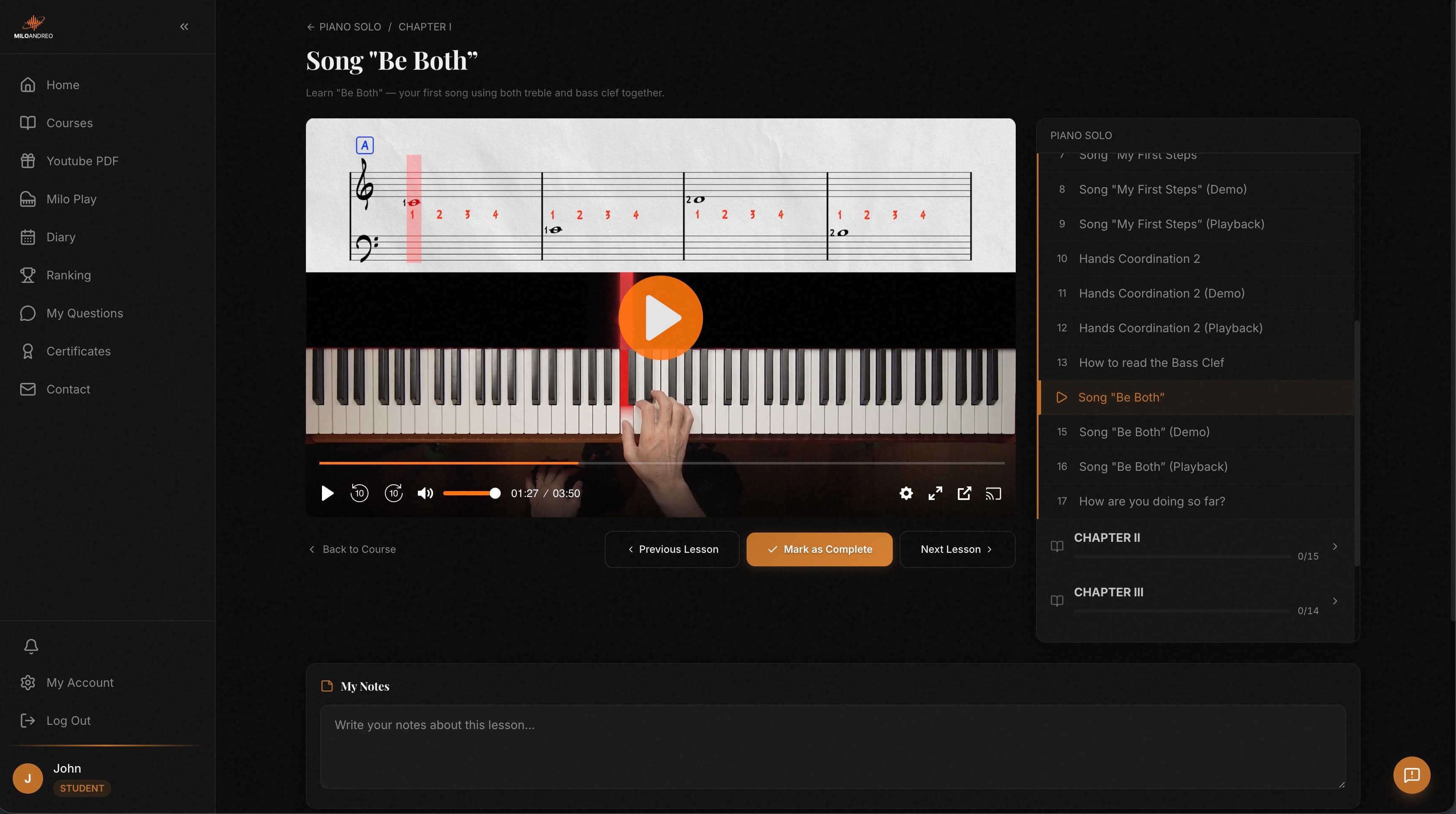 Piano Solo course — lesson interface with synced sheet music and top-down keyboard
