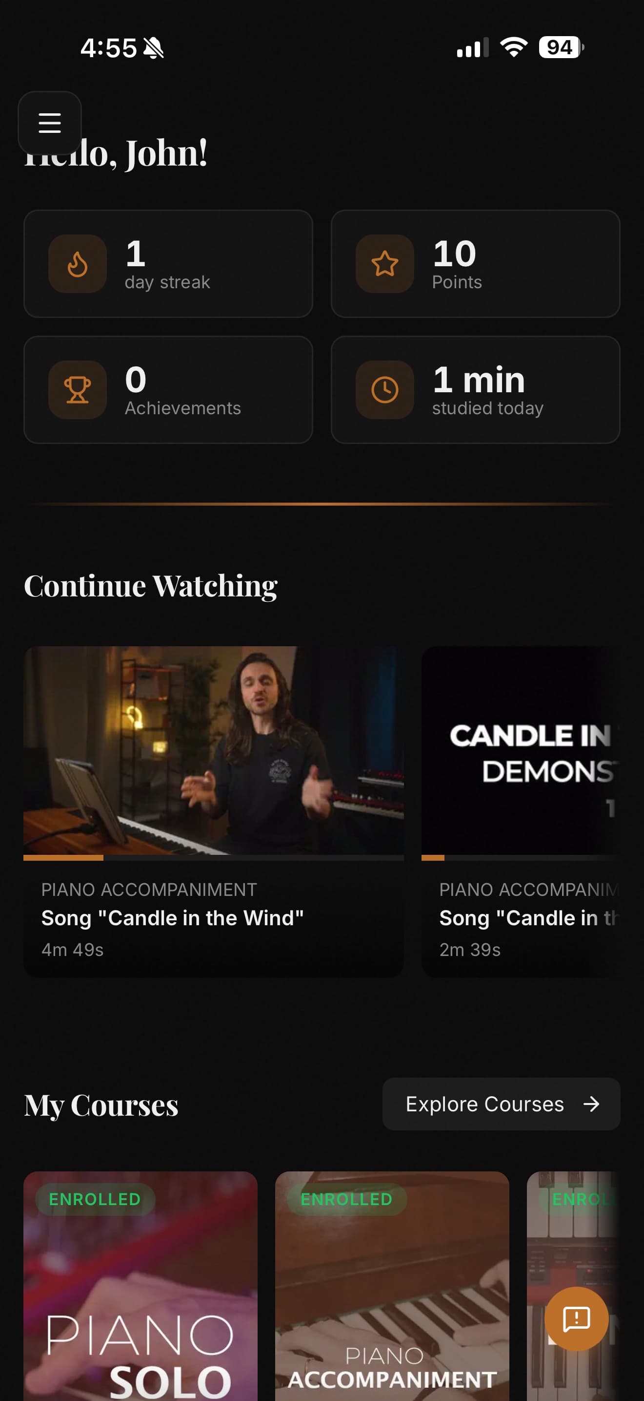 Easy Fast Piano mobile app dashboard — streak, courses, continue watching